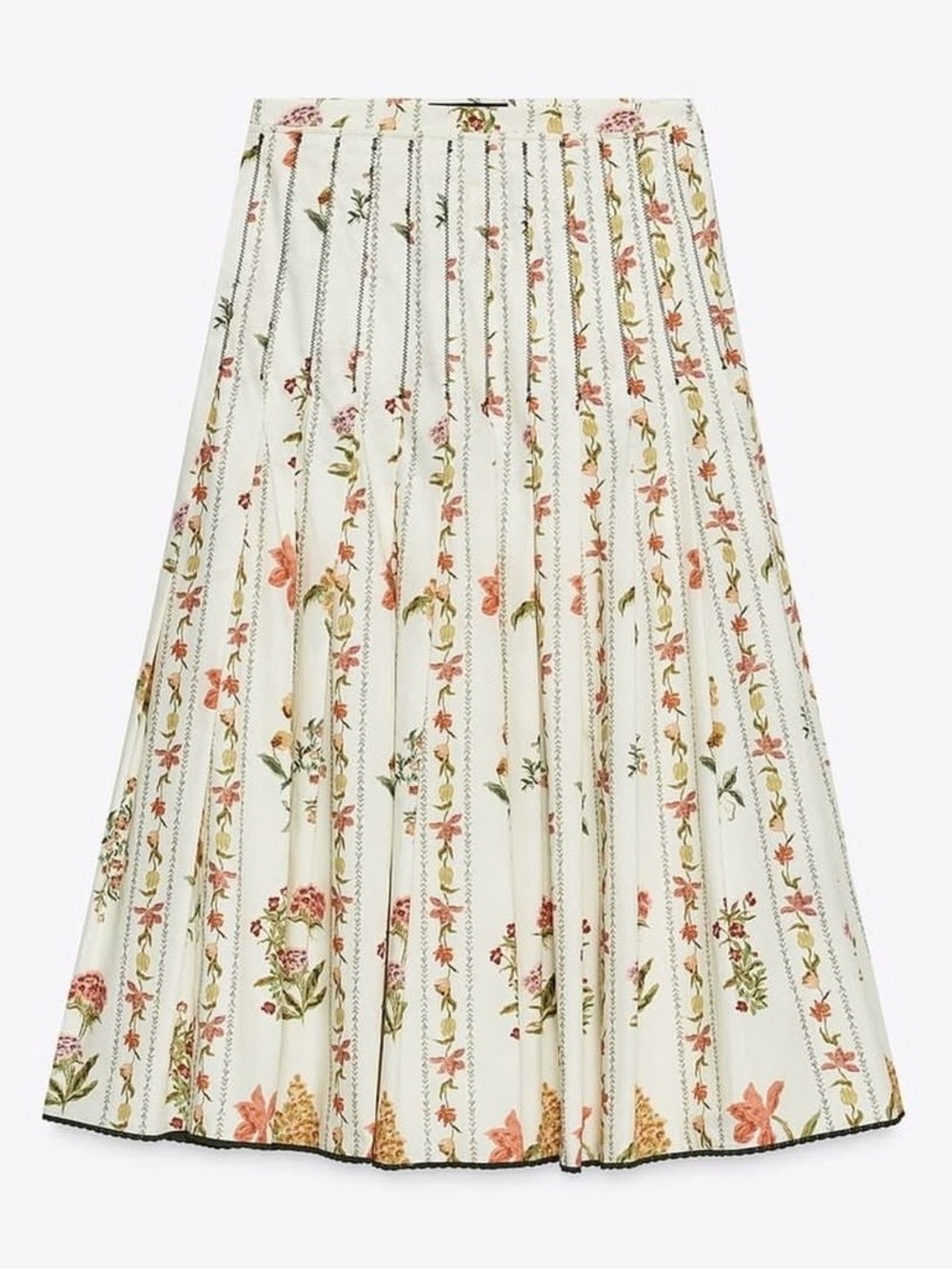 Zara Floral Pleated Midi Skirt - White with Pink & Green Accents